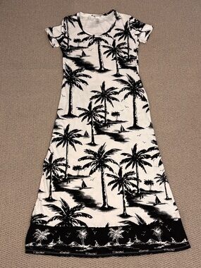 Tommy Bahama Maxi Dress Large Black White Sail Hawaii Palm Tree Cruise Vacation